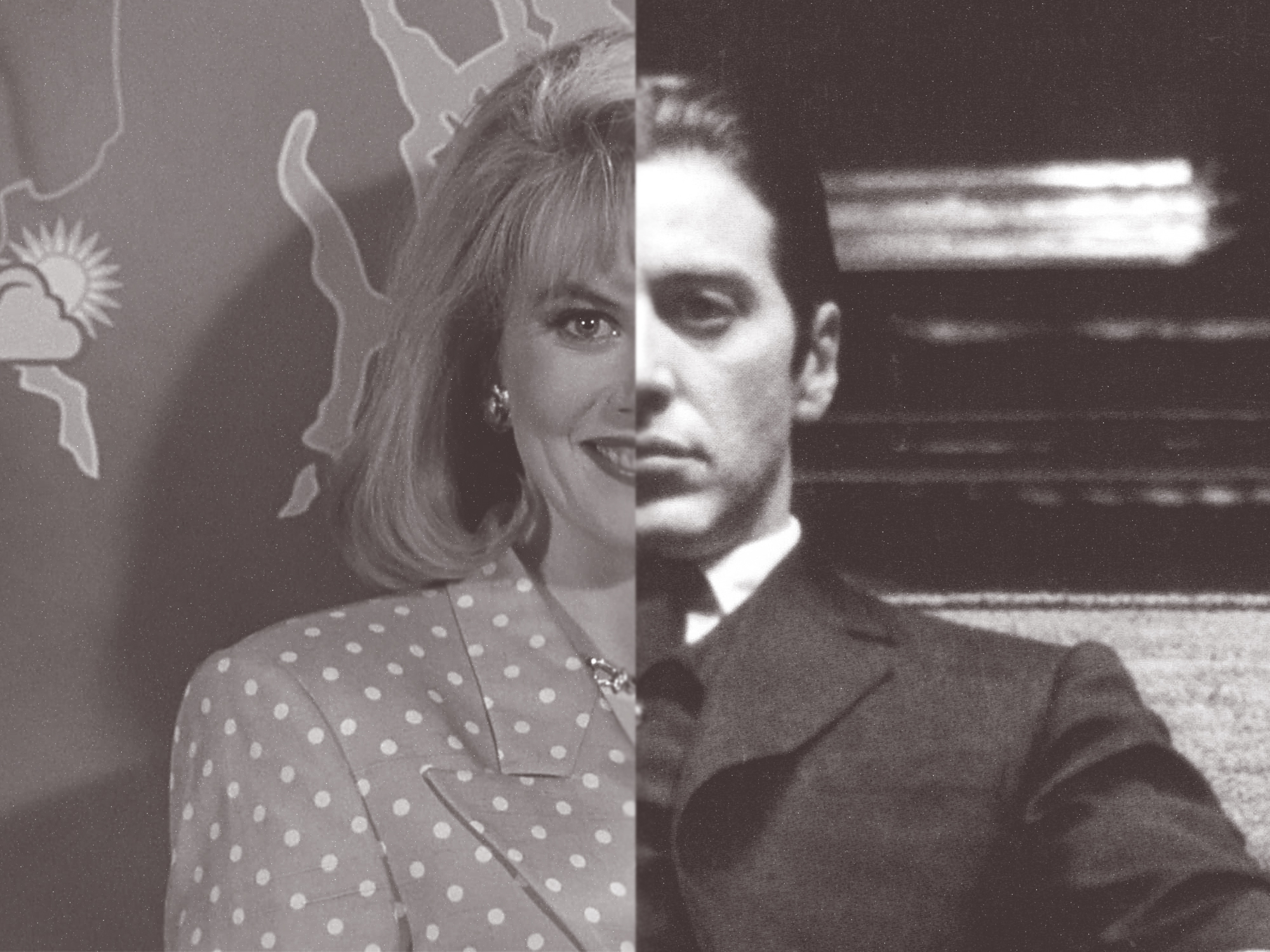 Half of a woman's face and half of a man's face, in black and white.