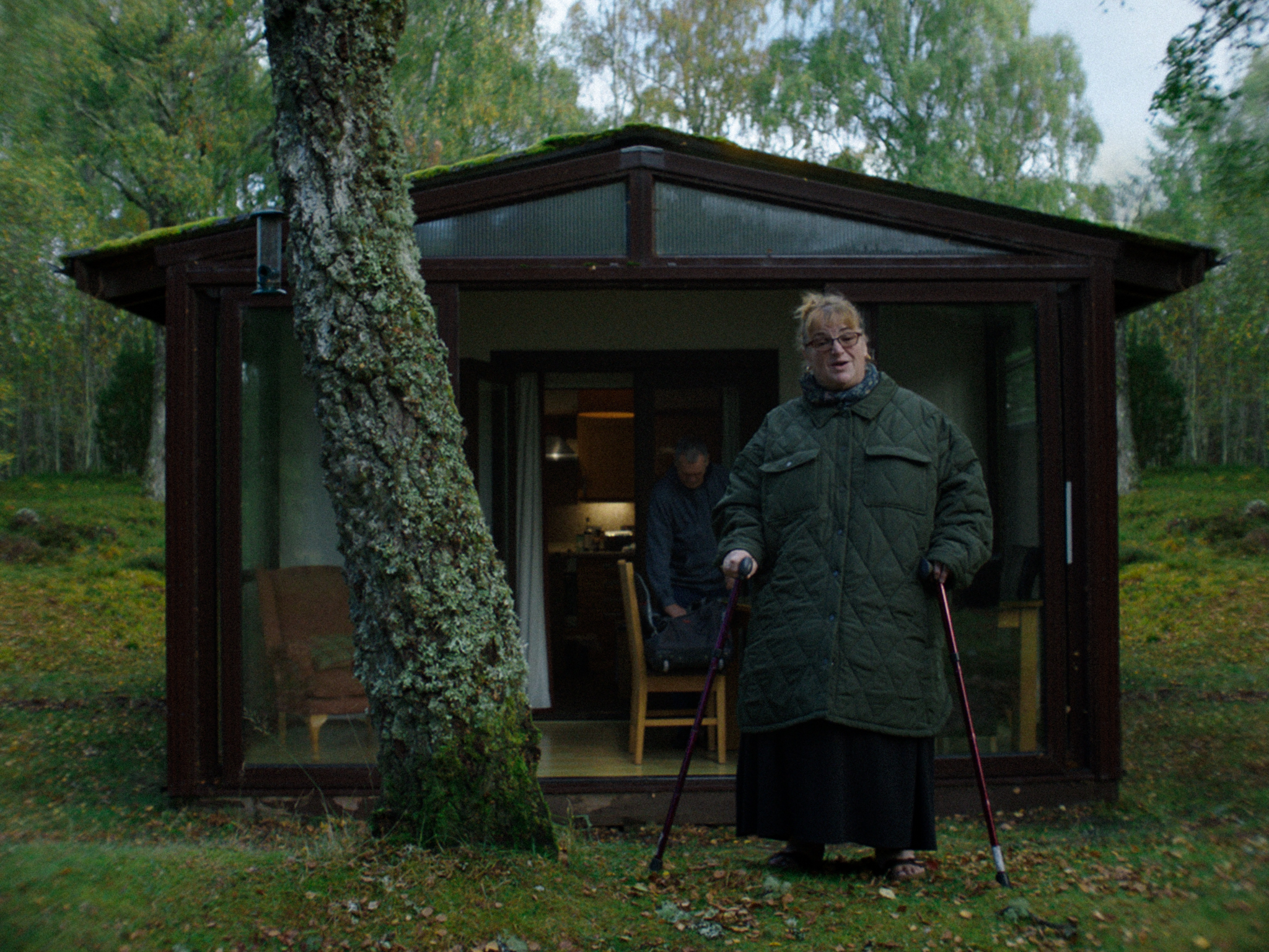 Elderly person in green coat with walking sticks stands outside modern glass-fronted cabin amongst birch trees in forest setting.
