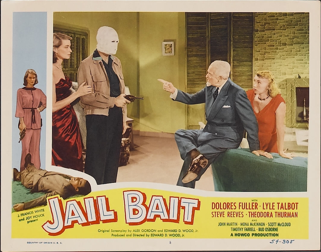 Film lobby card for "Jail Bait" showing people in 1950s clothing in yellow-green room, with red and yellow title text below.