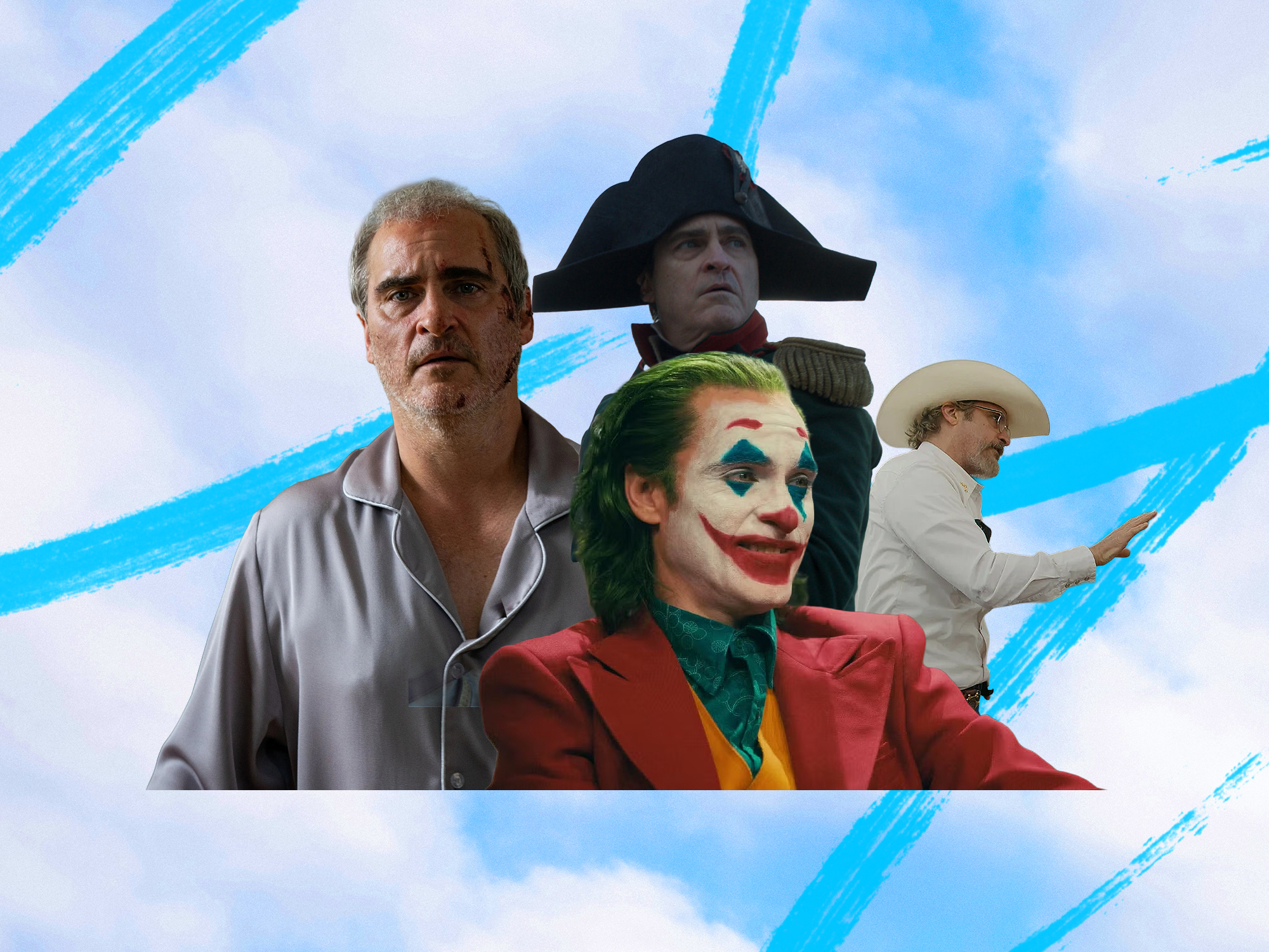 Four men in costumes against blue and white background with turquoise diagonal streaks - pirate hat, clown makeup, white hat visible.
