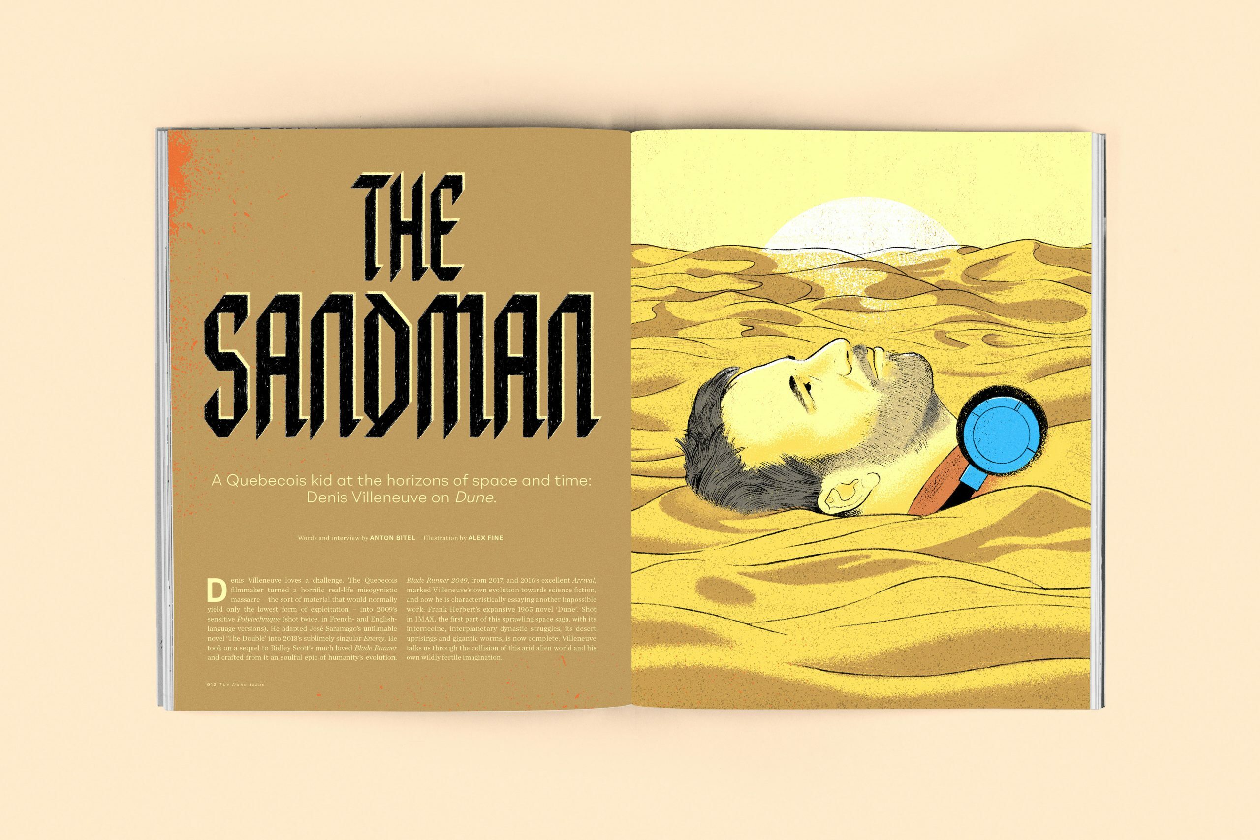 A person lying on a sandy desert landscape, surrounded by yellow hues and a blue sphere. The text above reads "The Sandman".
