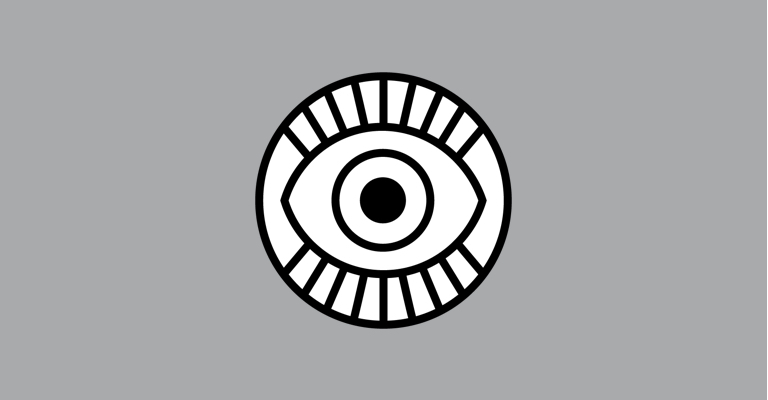 A black and white circular graphic with a central eye-like shape surrounded by radiating lines.