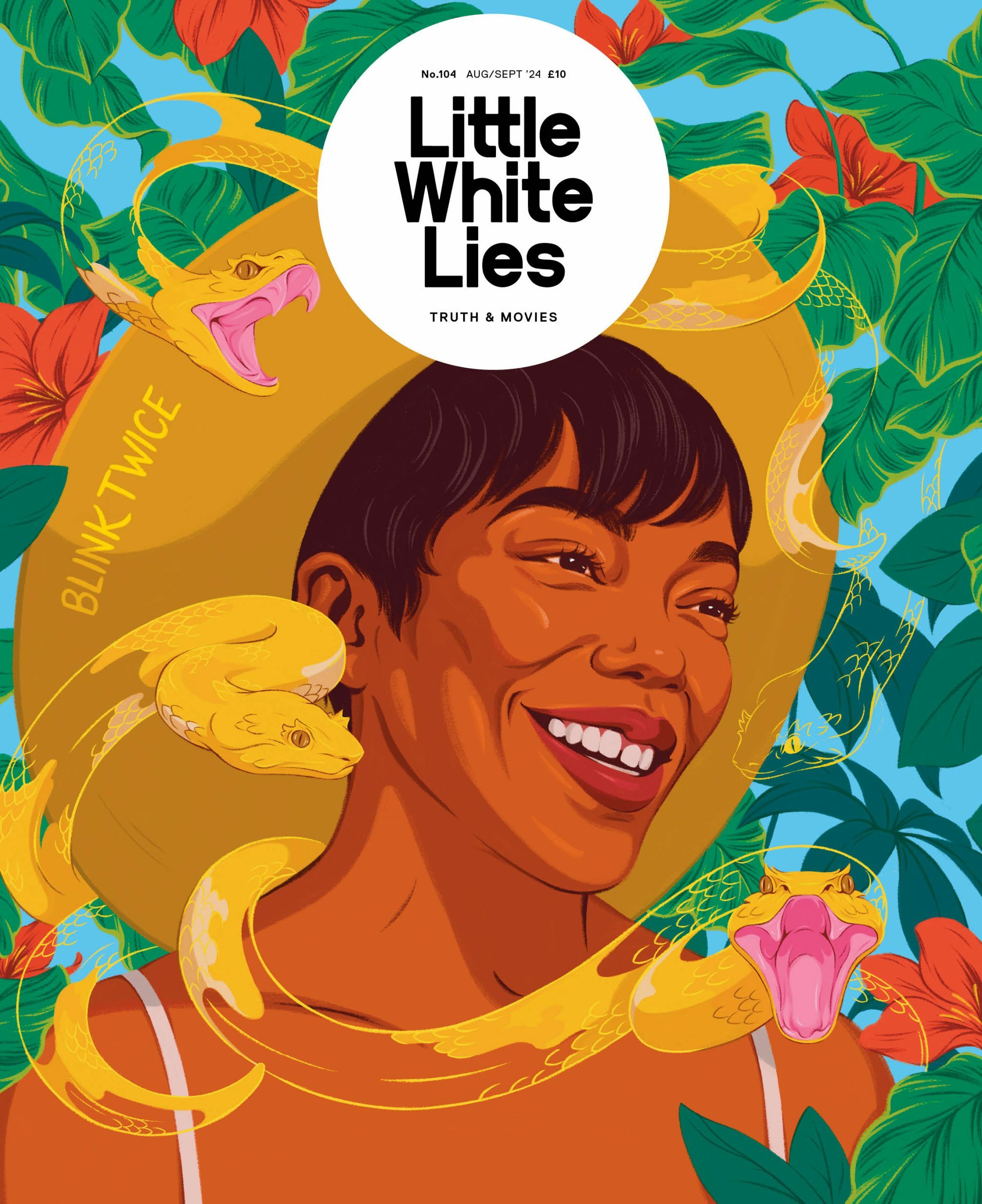 Bright, colourful illustration of a smiling woman surrounded by tropical flowers and animals.