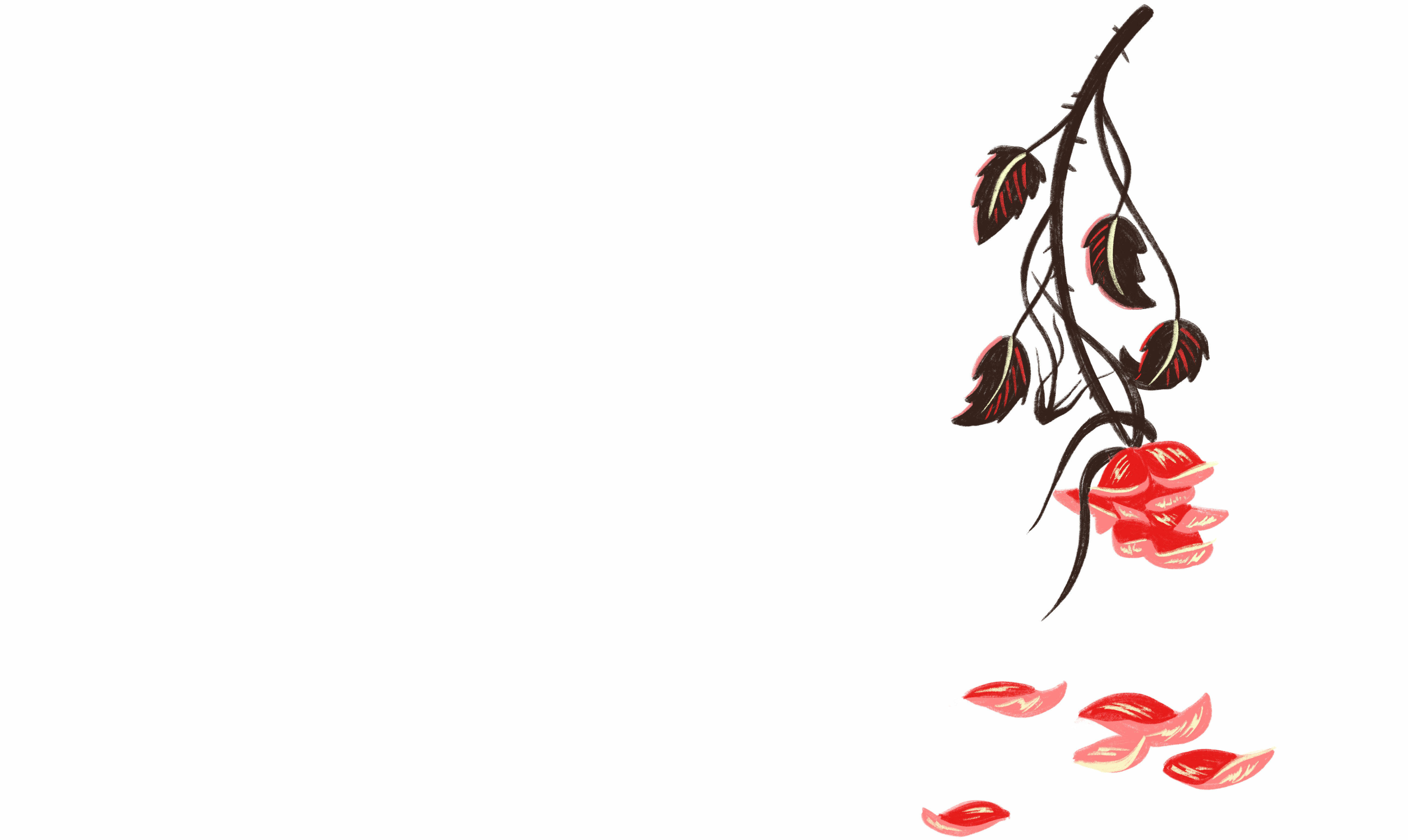 A single red rose on a stem with dark green leaves and petals scattered around.