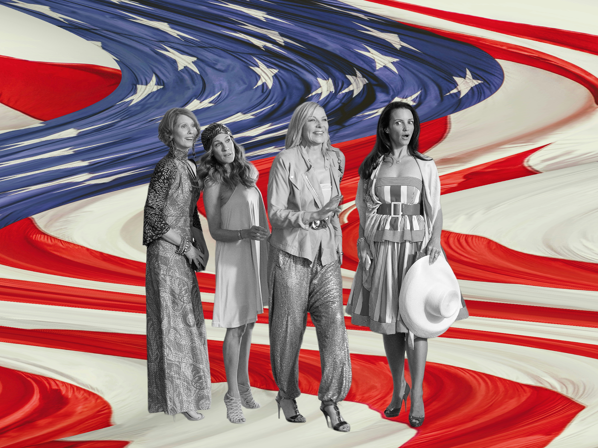 Four women in monochrome standing against a flowing American flag backdrop with red, white, and blue stripes and white stars.