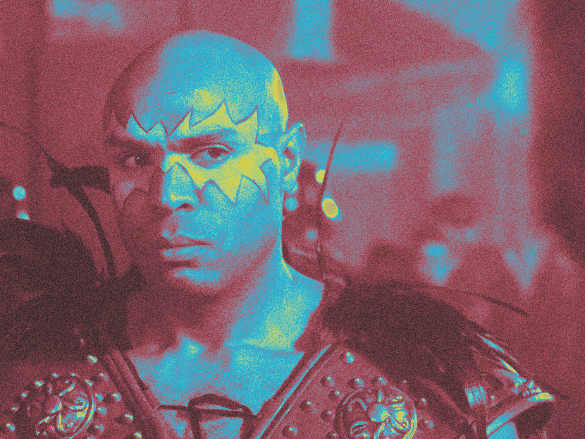 Illustration depicting a close-up of a fantasy warrior figure with a face painted in bold, vibrant colours of blue, yellow, and red. The figure wears ornate, armoured clothing.