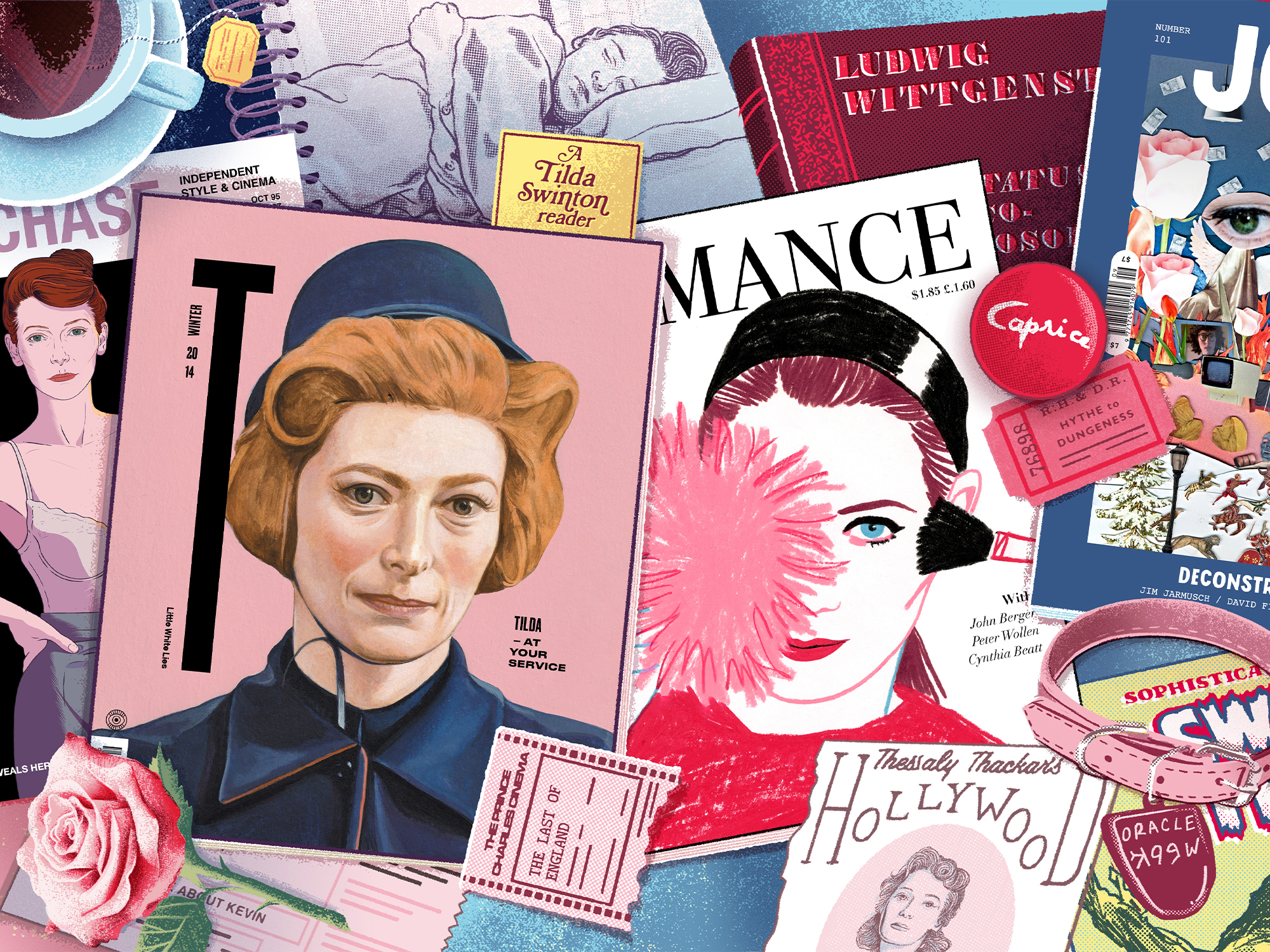 Collage of magazine covers and cutouts featuring portraits of women, pink roses, red and blue colour scheme with scattered text elements.
