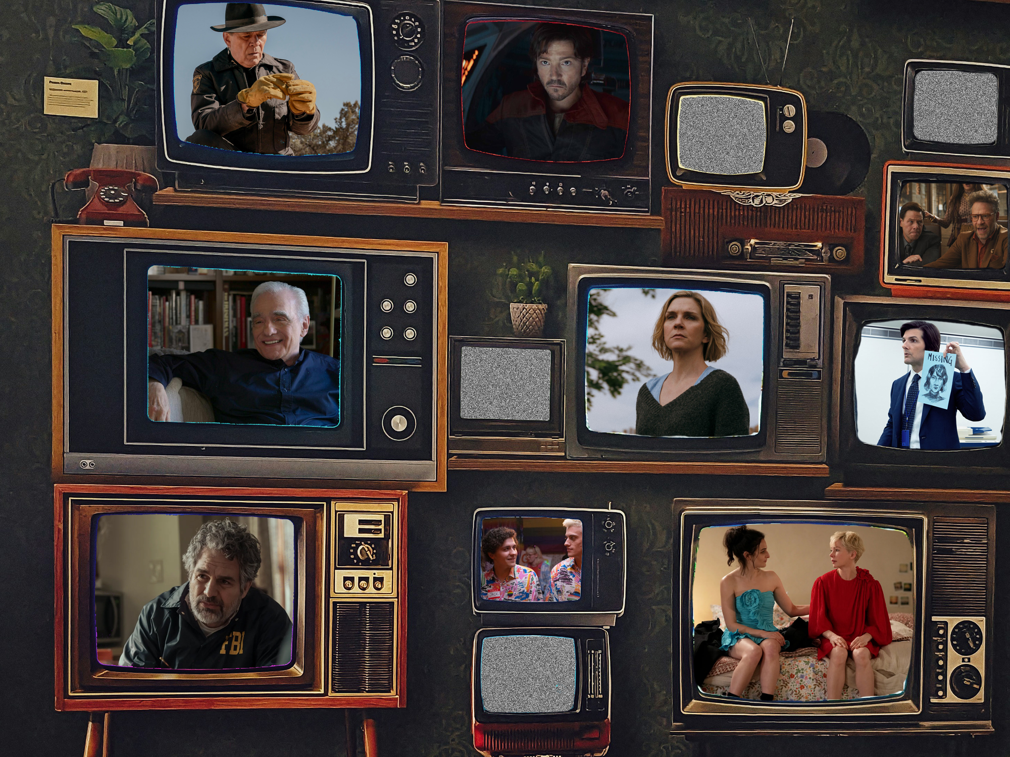 Wall display of vintage television sets in brown, orange, and grey tones showing various programme scenes on their screens.