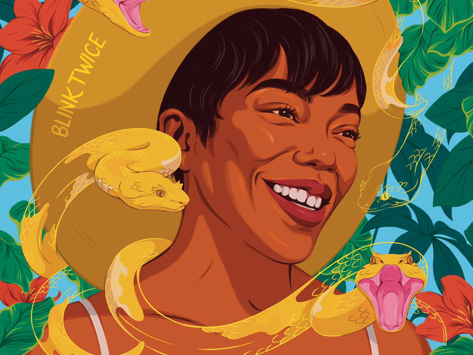 Colourful illustration of a smiling woman with short dark hair, wearing a yellow hat with the text 'Bank Teller' and surrounded by tropical flowers and a yellow snake.