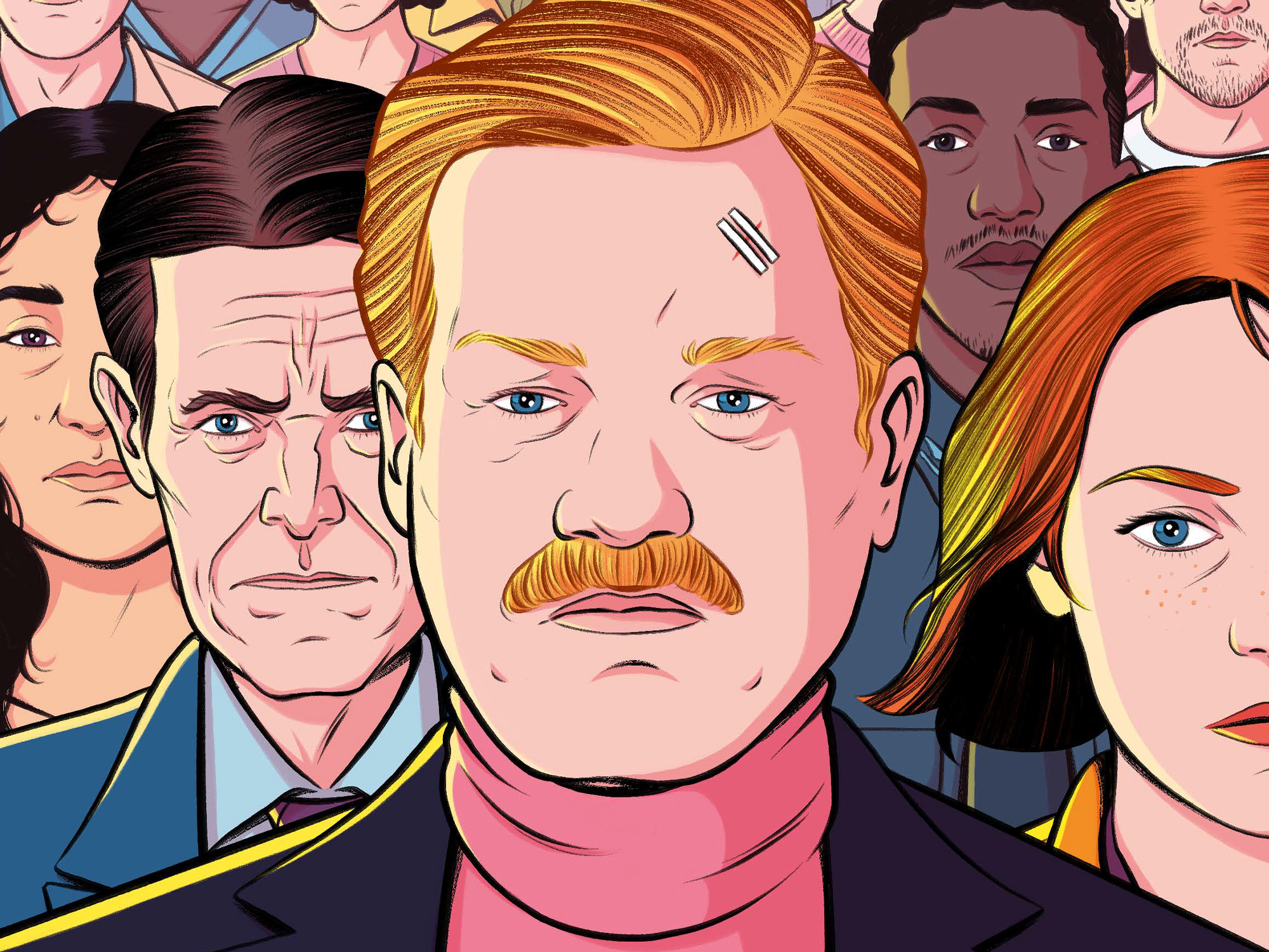 Diverse group of stylised people in bold colours and patterns; central figure with distinctive blonde hair and moustache.