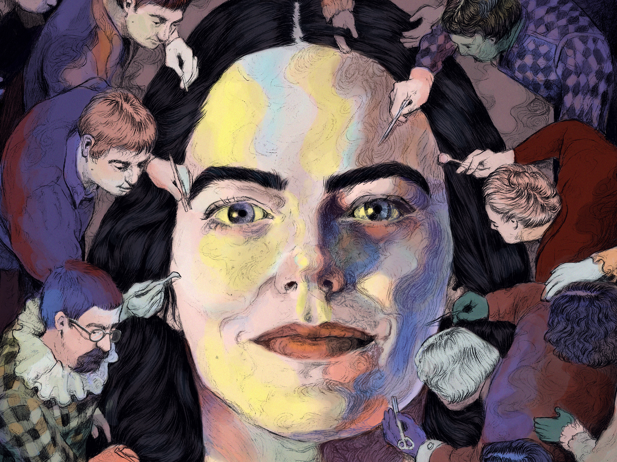 Colourful portrait with prominent eyes and face, surrounded by abstract patterns and shapes in shades of yellow, purple and orange.