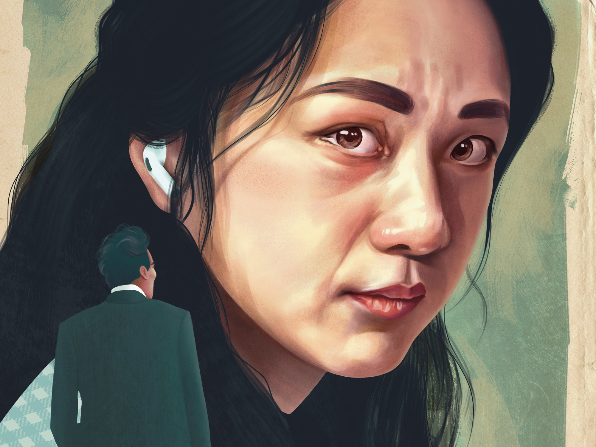 A detailed portrait of a woman with dark hair, furrowed brows, and a thoughtful expression. The colours used are predominantly dark and muted, creating a sombre and introspective mood.