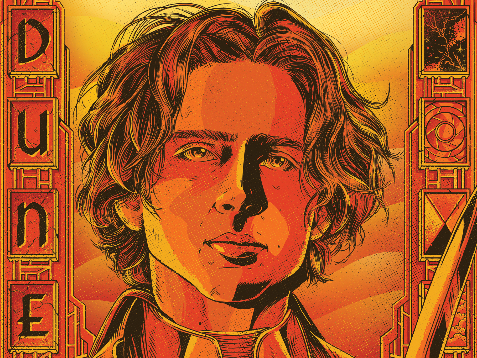 Illustration of a man with wavy, shoulder-length hair, set against an orange and red background with geometric patterns.