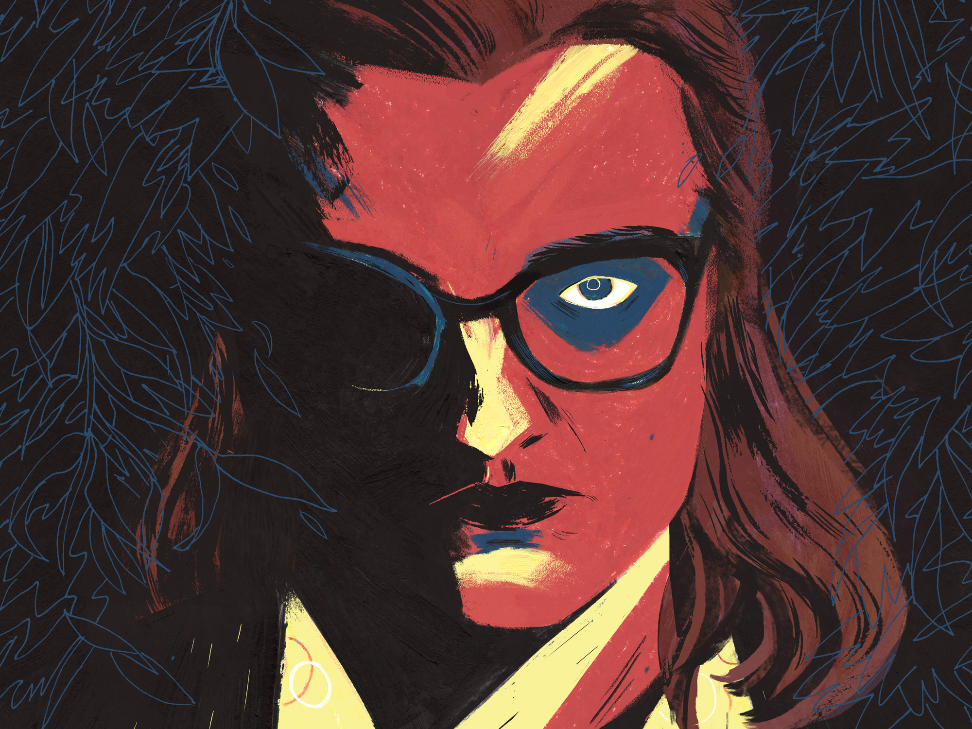 Vibrant abstract portrait with angular facial features in red, blue, and black.