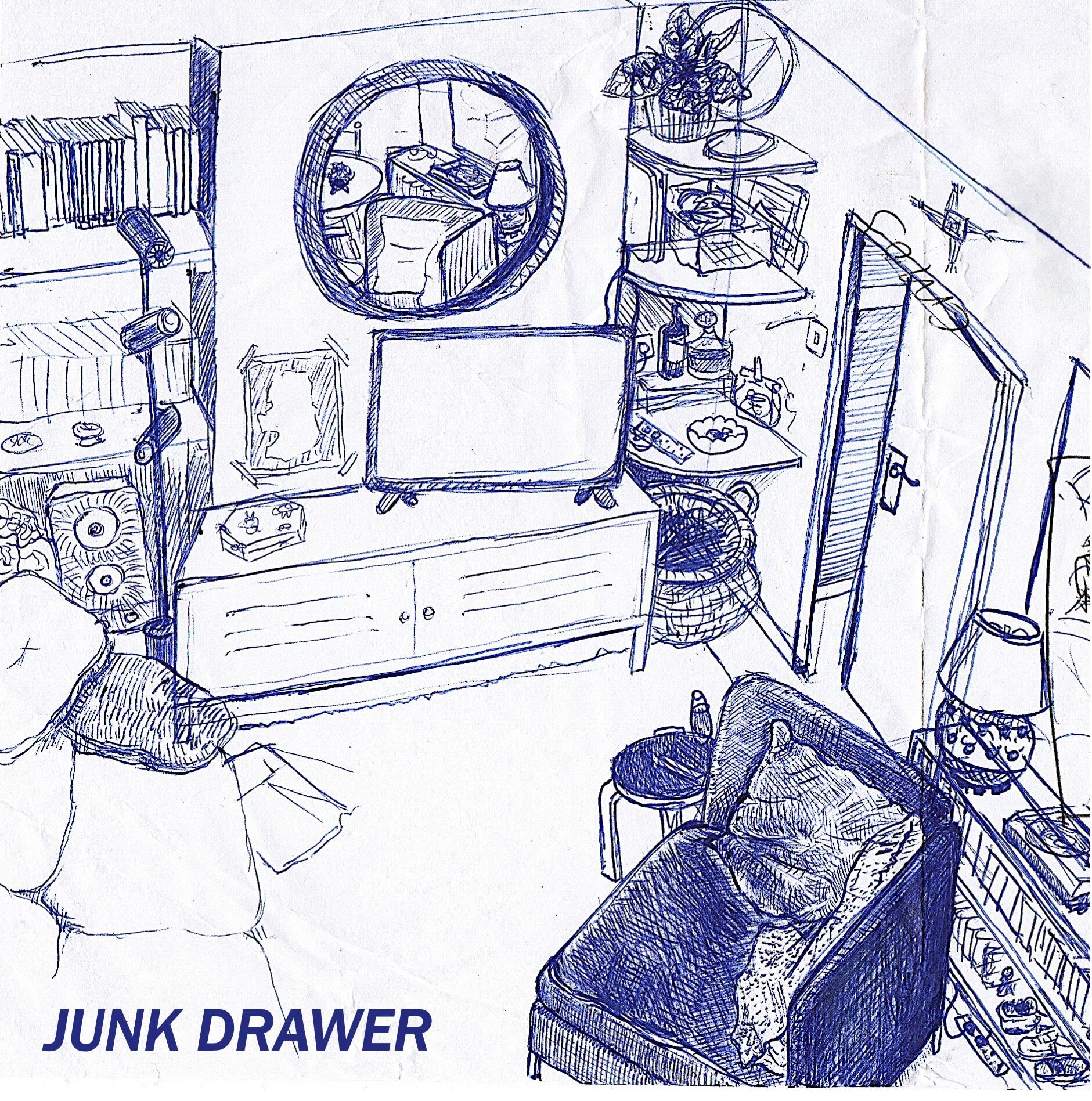 Junk Drawer Ready For The House Album Art Colourless pen drawing of a bedroom