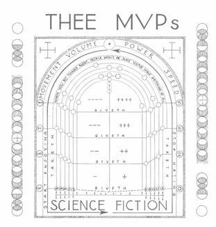 Thee MV Ps Science Fiction cover art of a church door drawn in grey pencil
