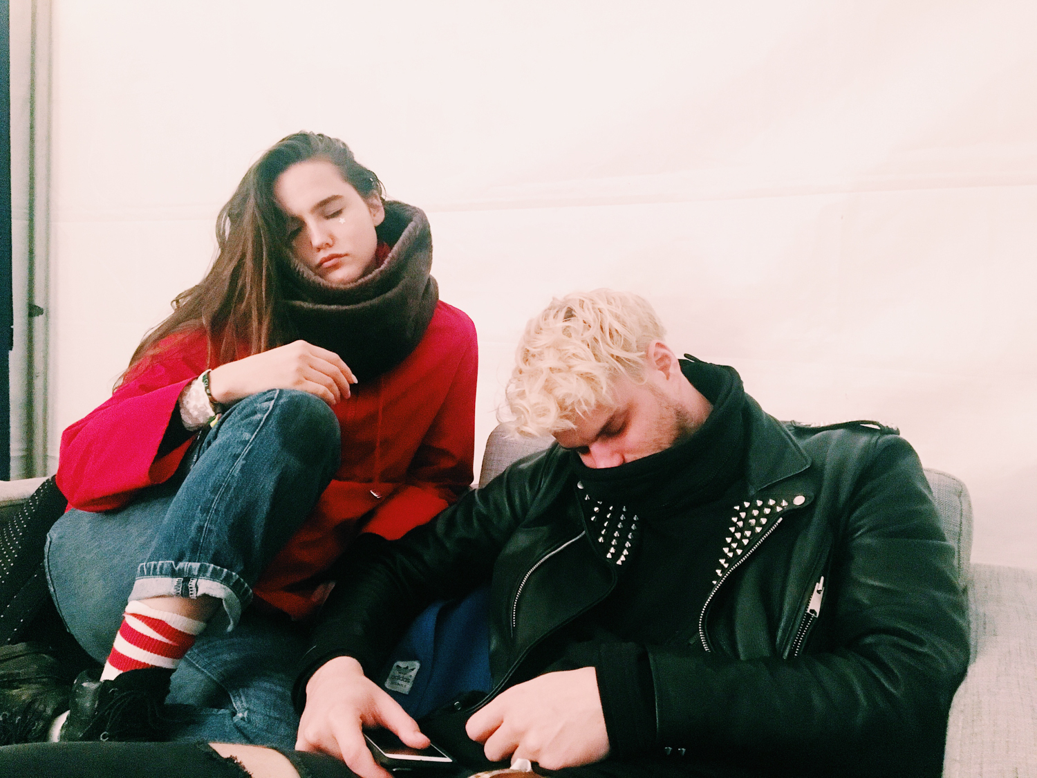 TIMF Sofi Tukker 015 sleeping in green room after a long rainy day at the festival