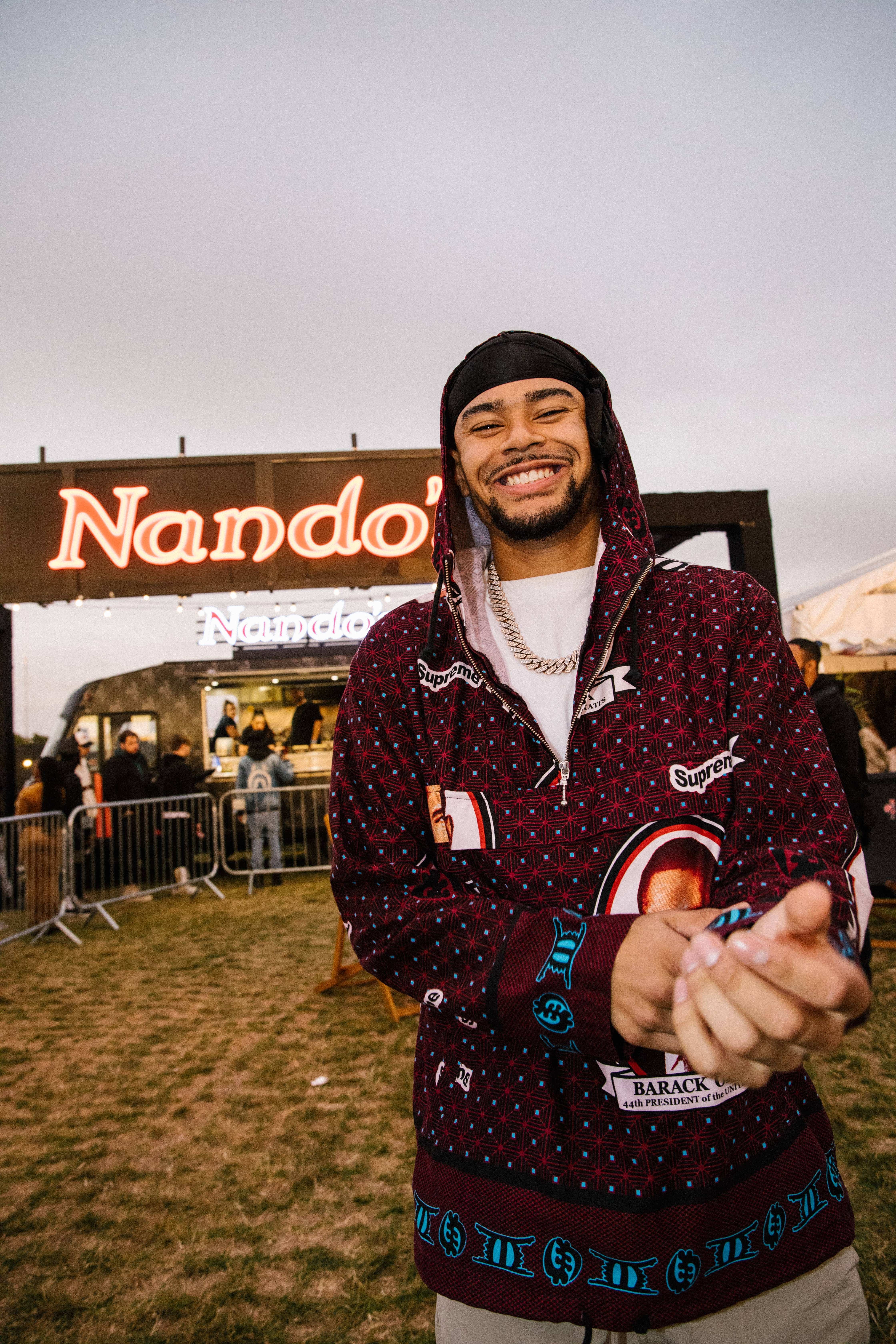 Love Island star turned rapper Wes Nelson taking a quick snap before fuelling up on Nandos at Day Two of Strawberries and Creem Festival