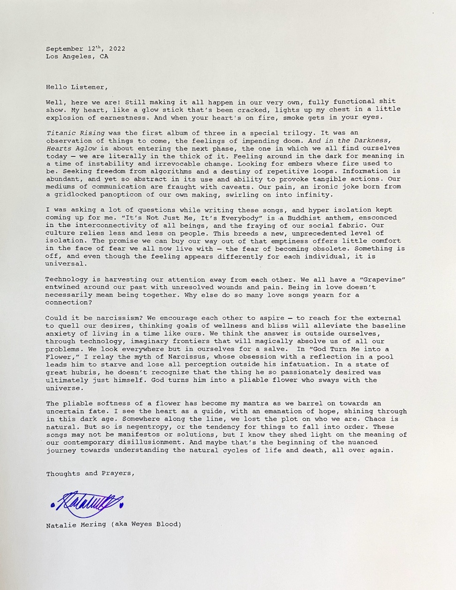 Weyes blood letter about album 2022