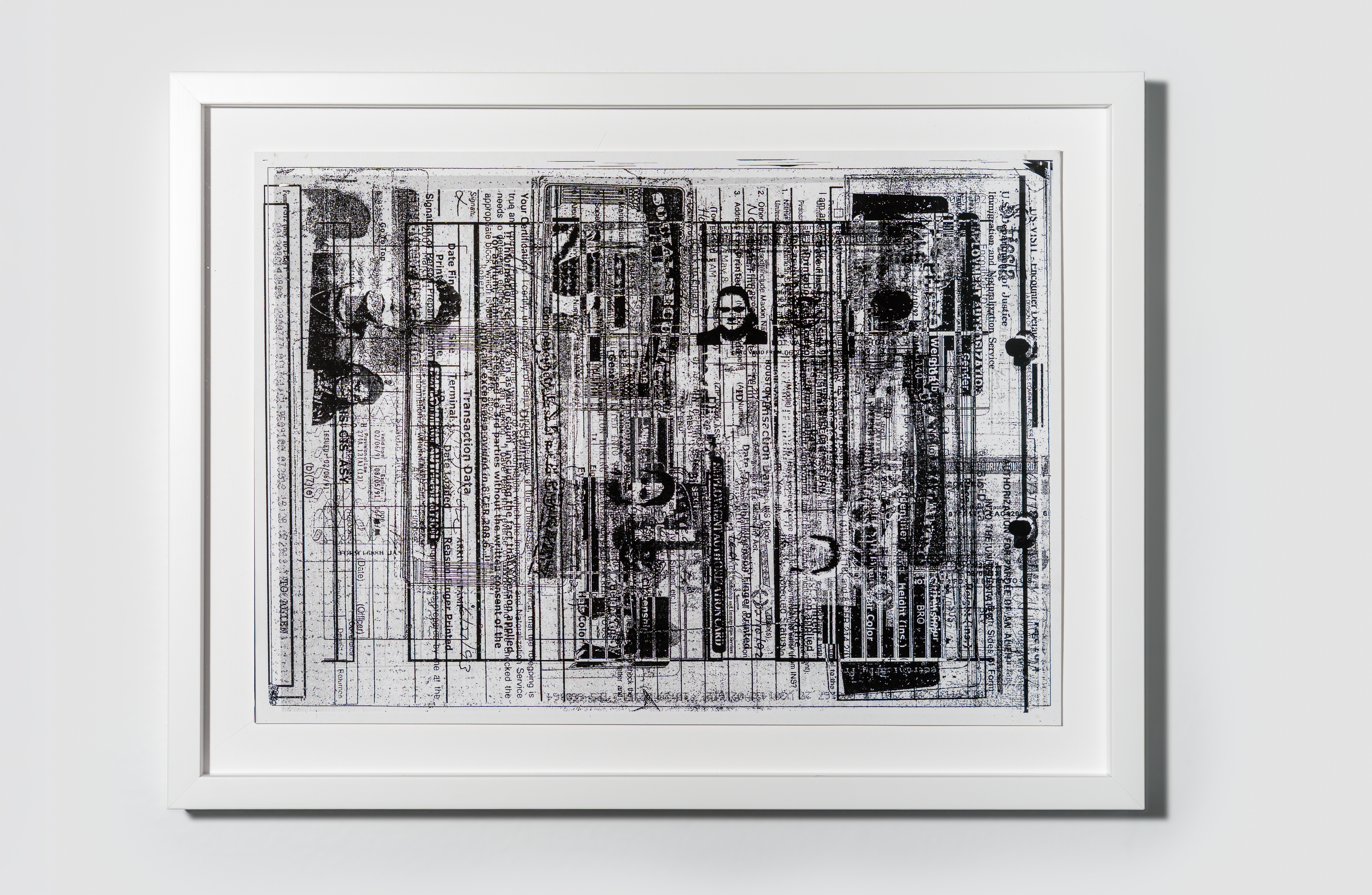 White frame holding black-and-white Xerox collage of layered newspaper text, smeared portraits, barcode-like stripes and ink streaks.