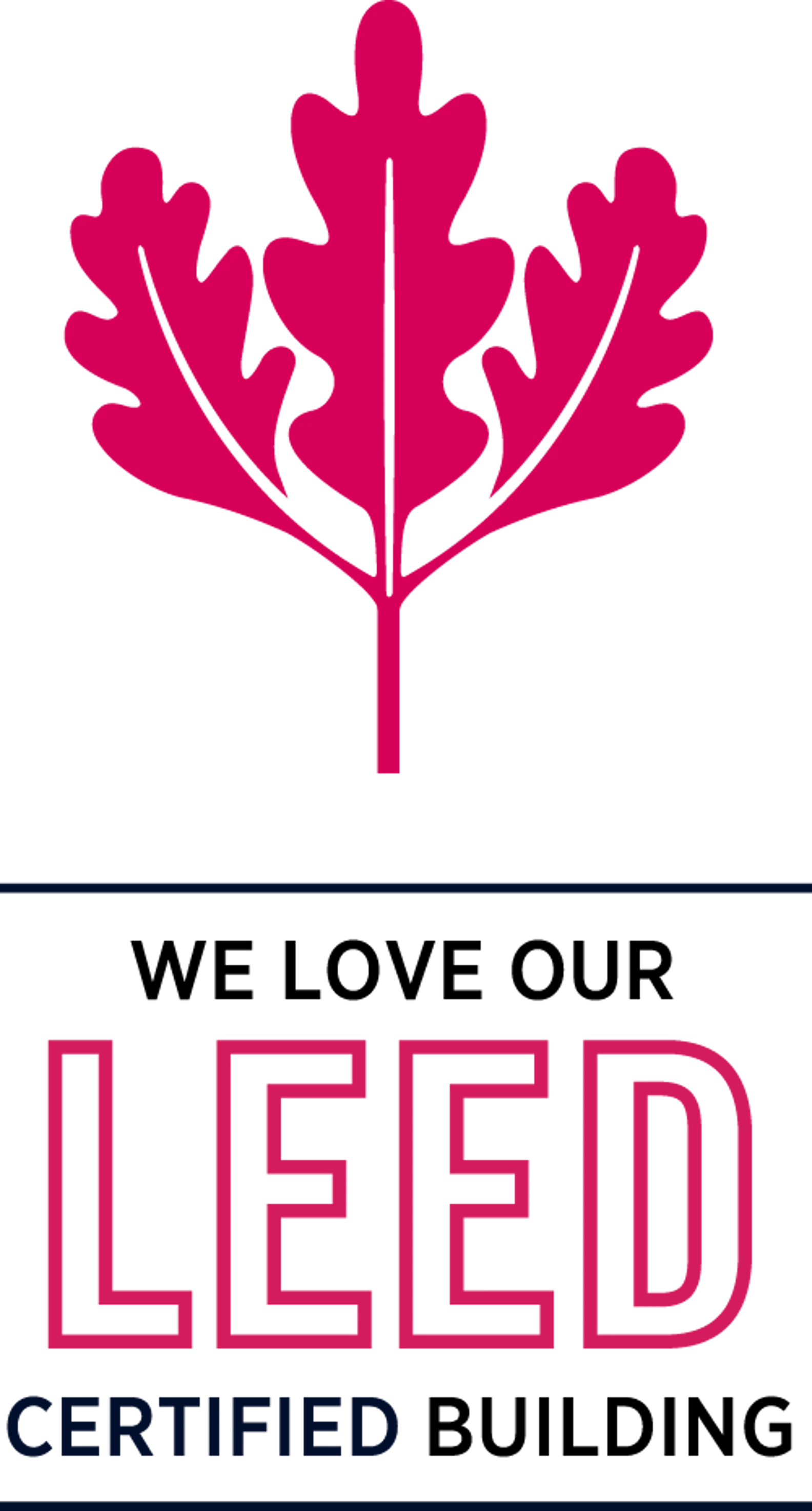 Magenta three-lobed stylized oak leaf above bold outlined 'LEED' letters with smaller navy 'CERTIFIED' text beneath, separated by lines.