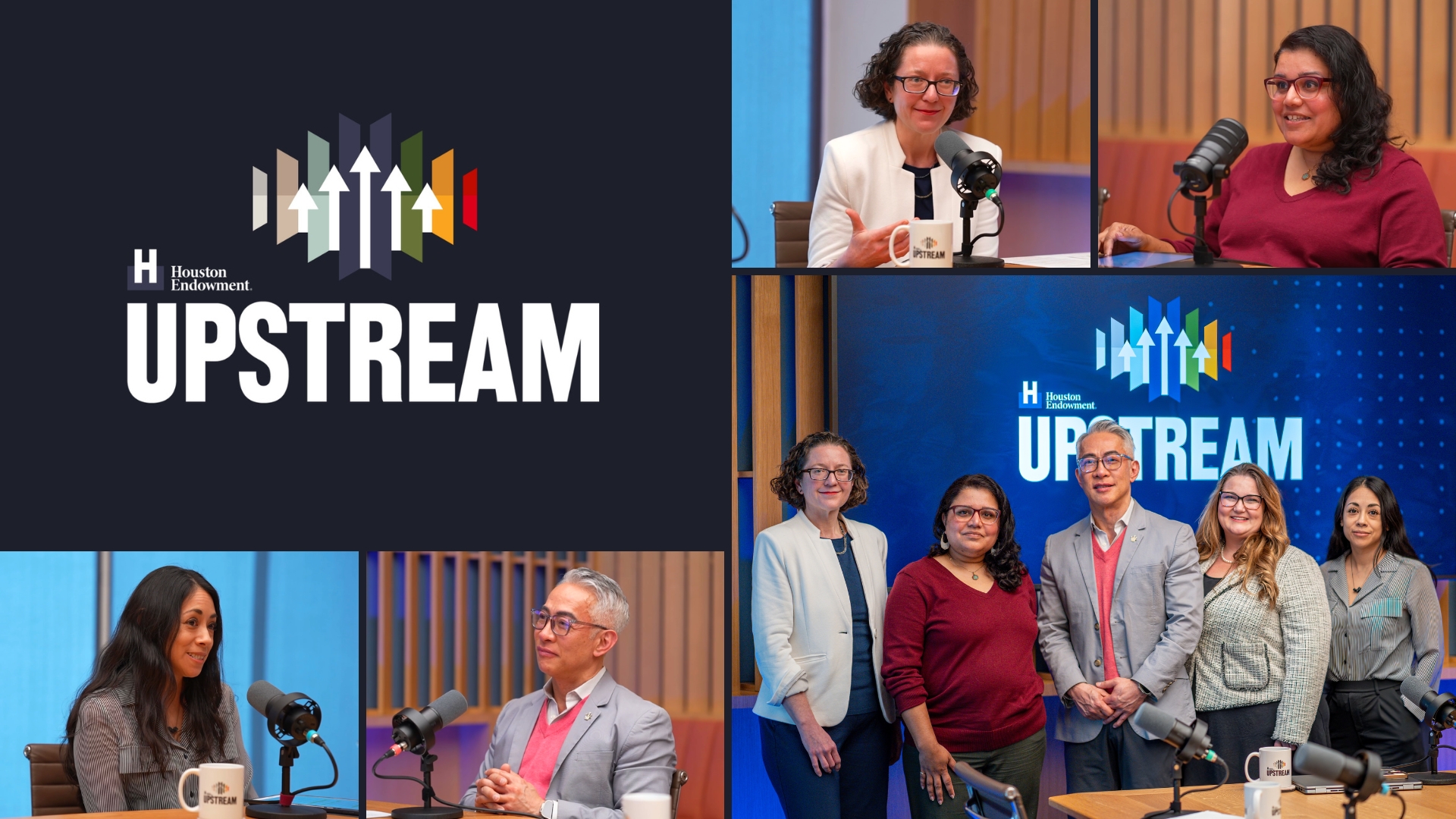 Six panelists stand and sit in a broadcast studio beneath a blue 'UPSTREAM' Houston Endowment backdrop, speaking into tabletop microphones.