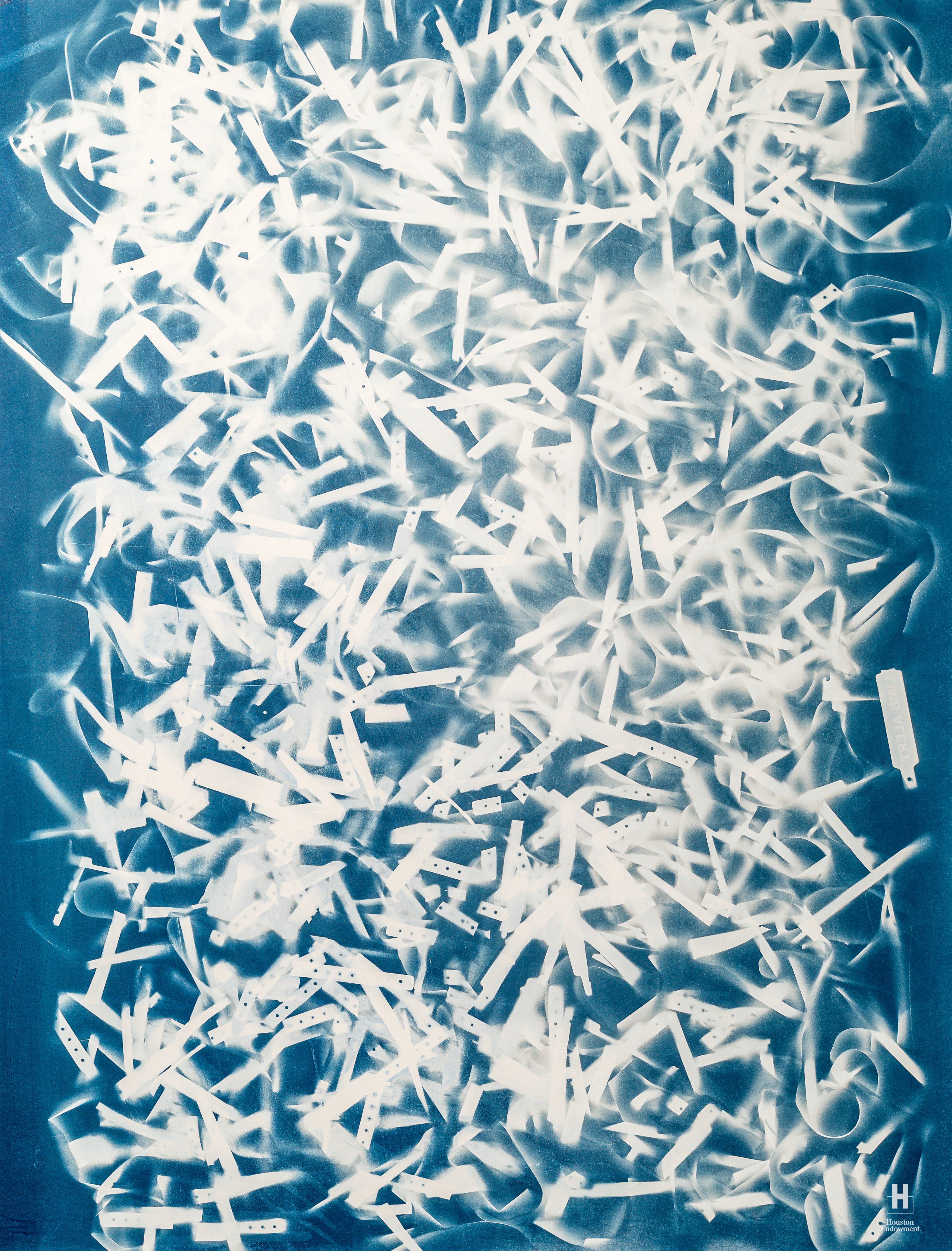 Dense cyan background filled with scattered white paper strips, perforated tape and curling ribbons forming a swirling abstract pattern.