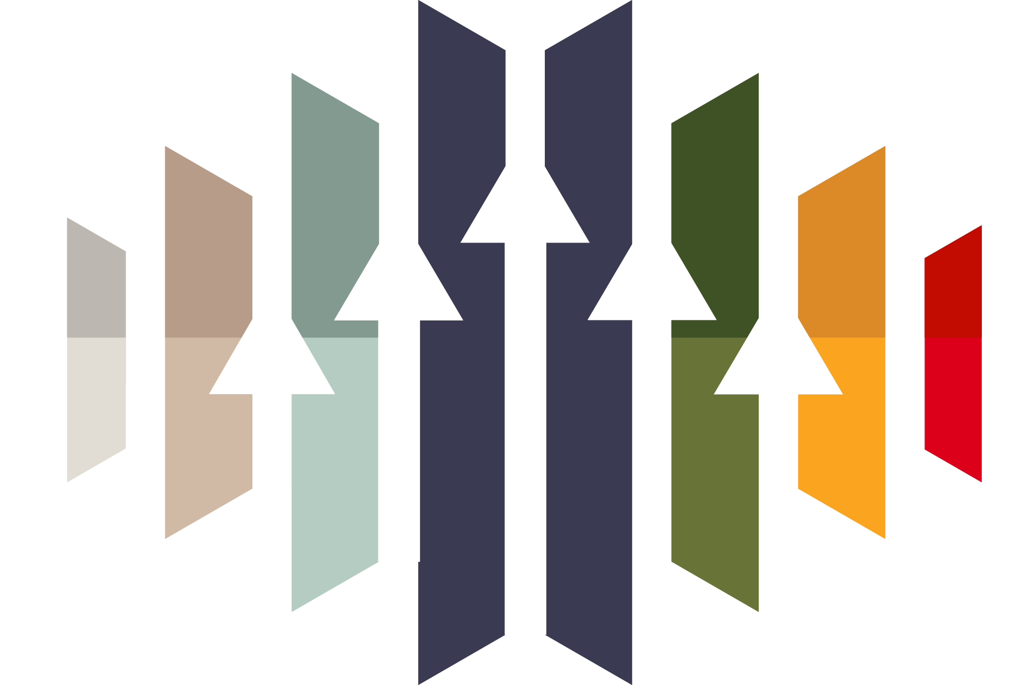 Symmetric row of vertical colored panels with white upward arrows, central dark navy pair flanked by sage, tan, olive, orange and red.
