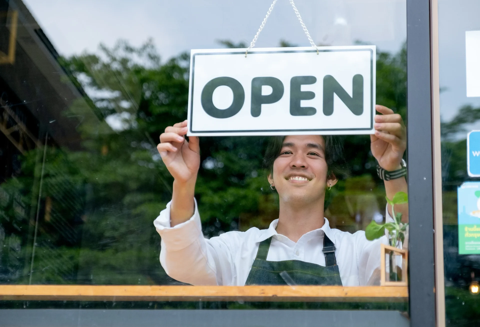 Barista or coffee maker man hold banner of open fo 2025 03 10 05 24 06 utc