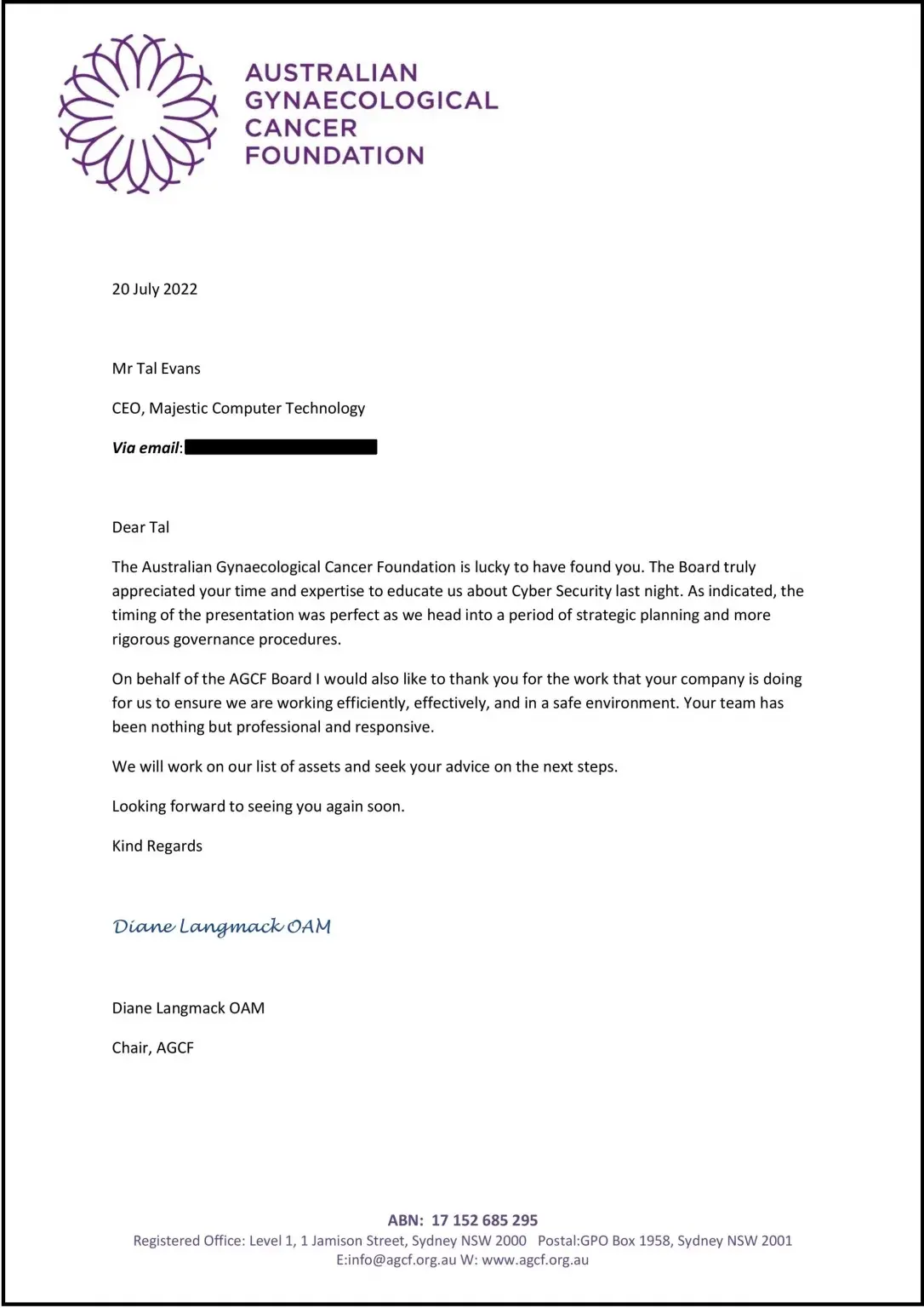 Majestic helps the Australian Gynaecological Cancer Foundation for A brighter future