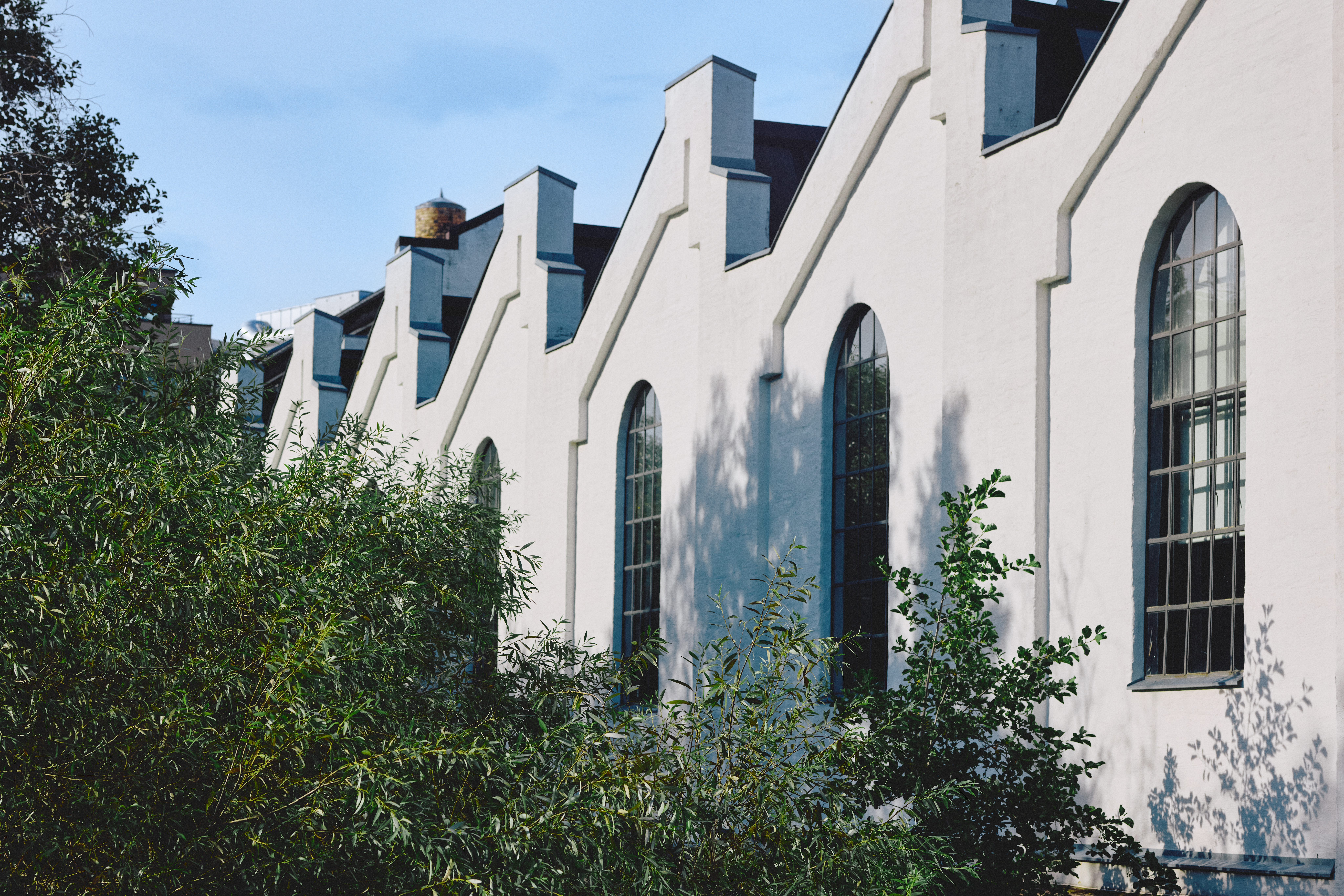 En hvitmalt murbygning med høye buede vinduer, delvis skjult av grønne trær i forgrunnen under en klar himmel.