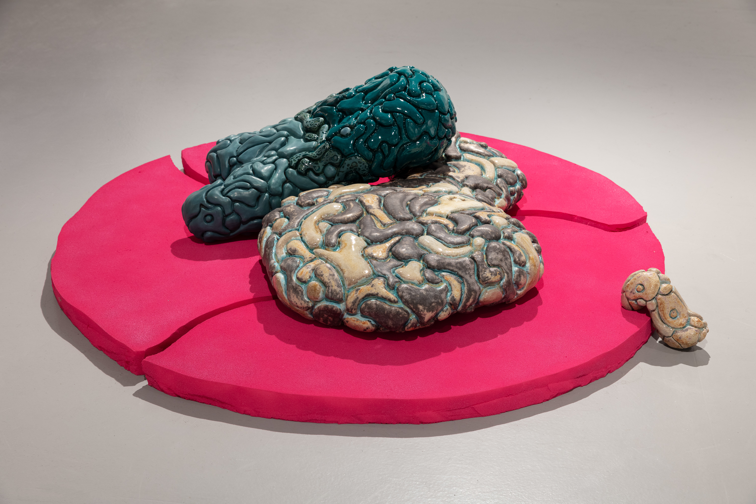 Kunstinstallasjon bestående av to hjernevinduer i keramikk, den ene i turkis og den andre i naturlige, jordnære farger, plassert på en rosa, delt plate.