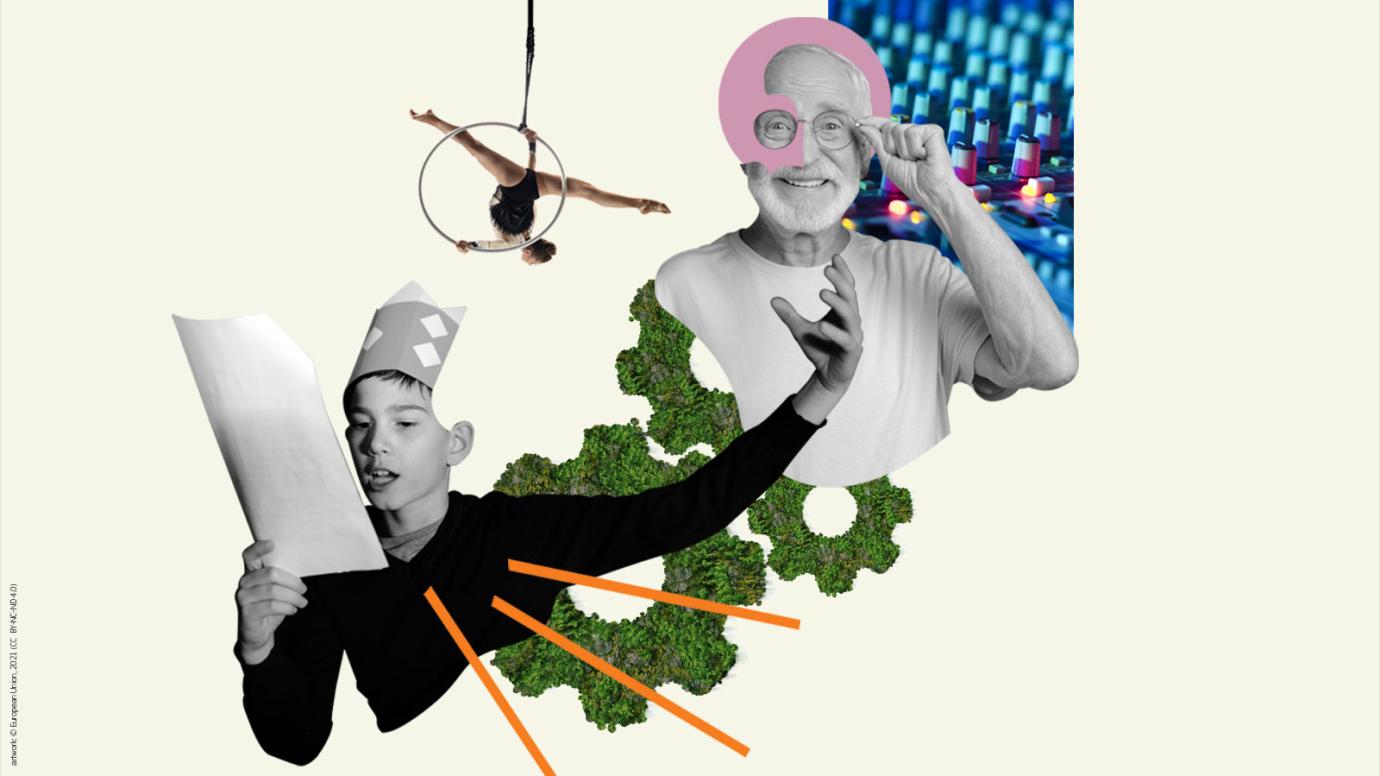 Kollasj i nøytrale farger som viser to en eldre mann og ung gutt i dress. Gutten holder et ark og synger mens den eldre mannen justerer brillene sine. Rundt dem er det grafiske elementer som grønne tannhjul, en akrobat og et felt med fargerike, digitale mønstre i bakgrunnen.