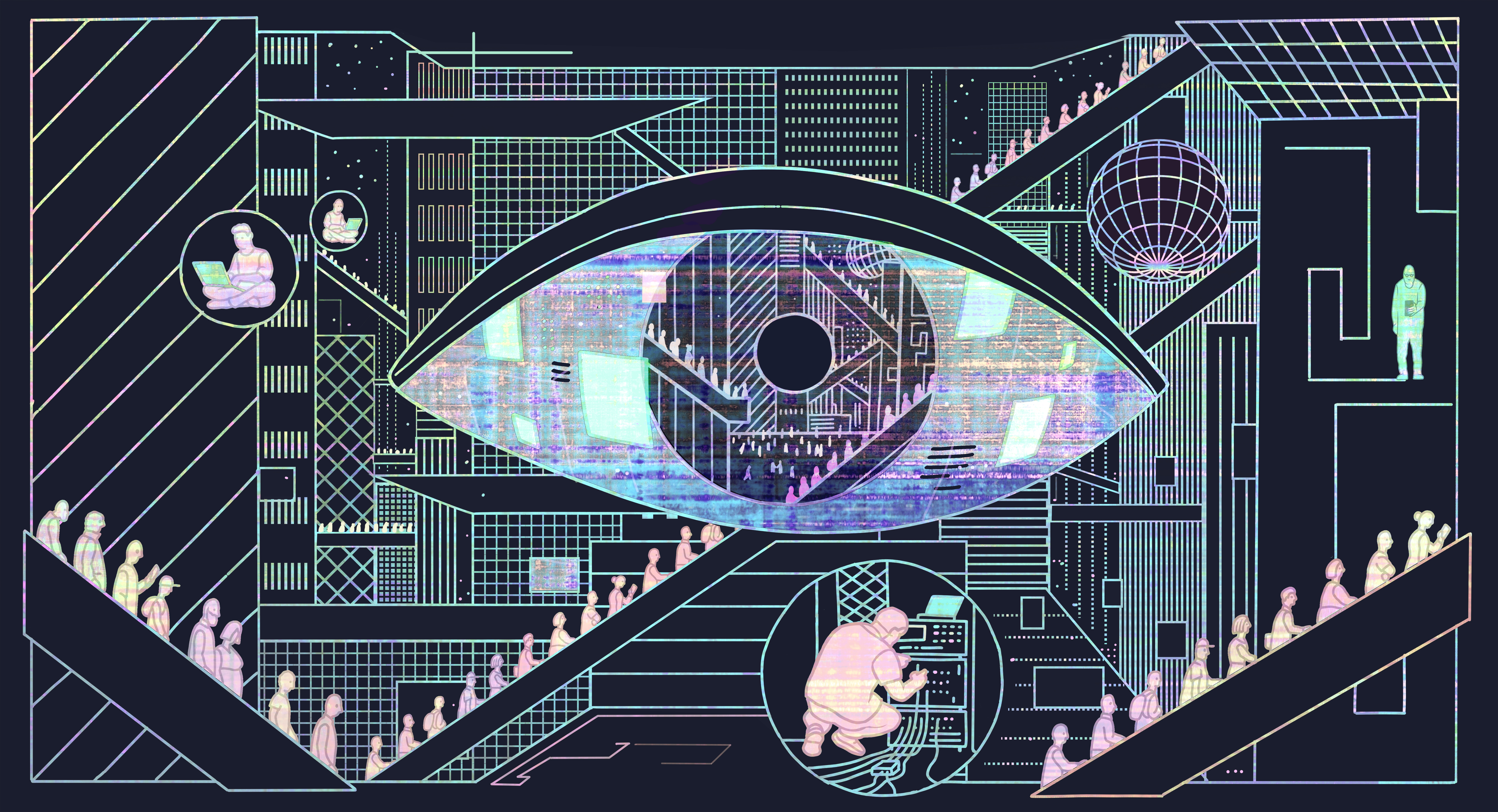 Illustrasjon av et futuristisk overvåkingssystem med et stort digitalt øye i sentrum, omgitt av geometriske mønstre, skjermer og små menneskefigurer i et teknologisk miljø.