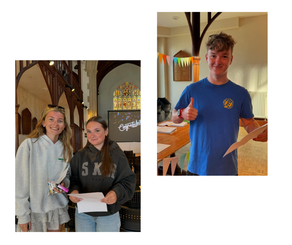 Students celebrating results day - two smiling students holding papers inside a hall with a ‘Congratulations’ sign in the background, and another student giving a thumbs-up while holding his results beside colourful bunting.