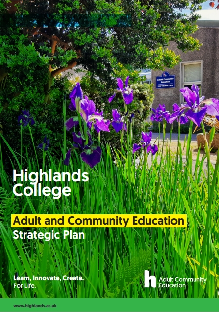 Front Cover of the Adult & Community Education Strategic Plan document. Purple flowers in grass with the pebble dash ACE building in the background.