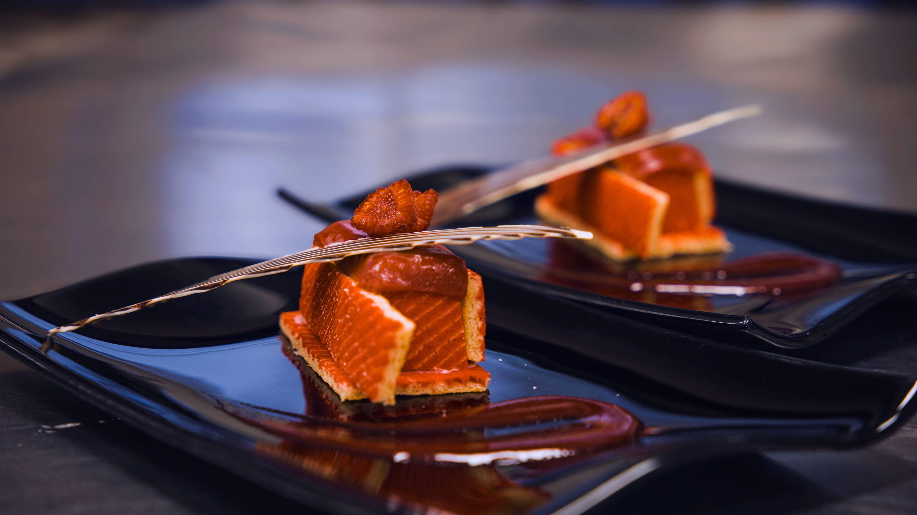 Two dishes plated on black rectangular plates with garnish and decorative sauce, photographed for Highlands College culinary showcase.