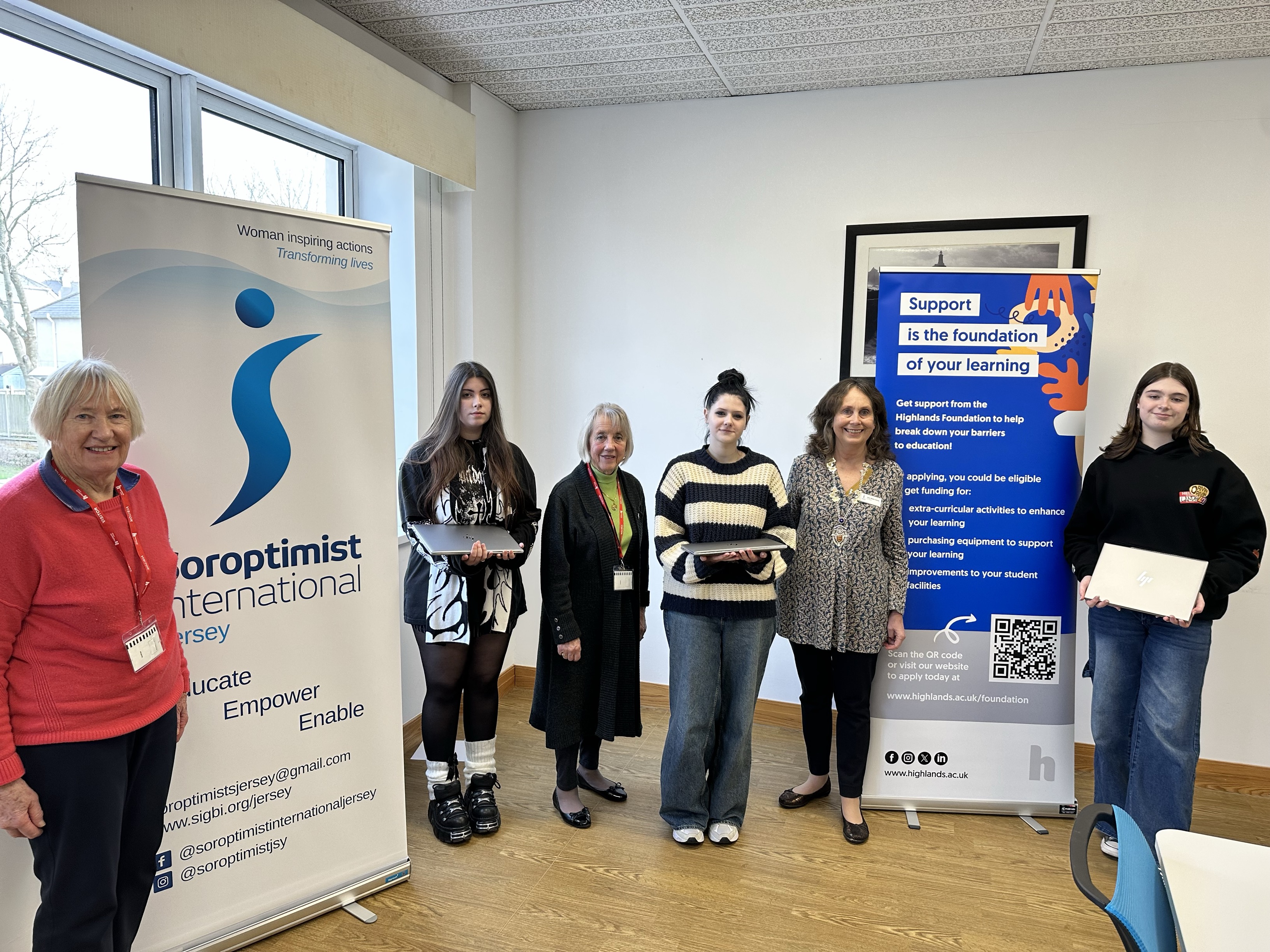 3 Students Receiving their Highlands College Foundation Soroptimist International Jersey STEM Bursaries from the Soroptimist International Jersey committee