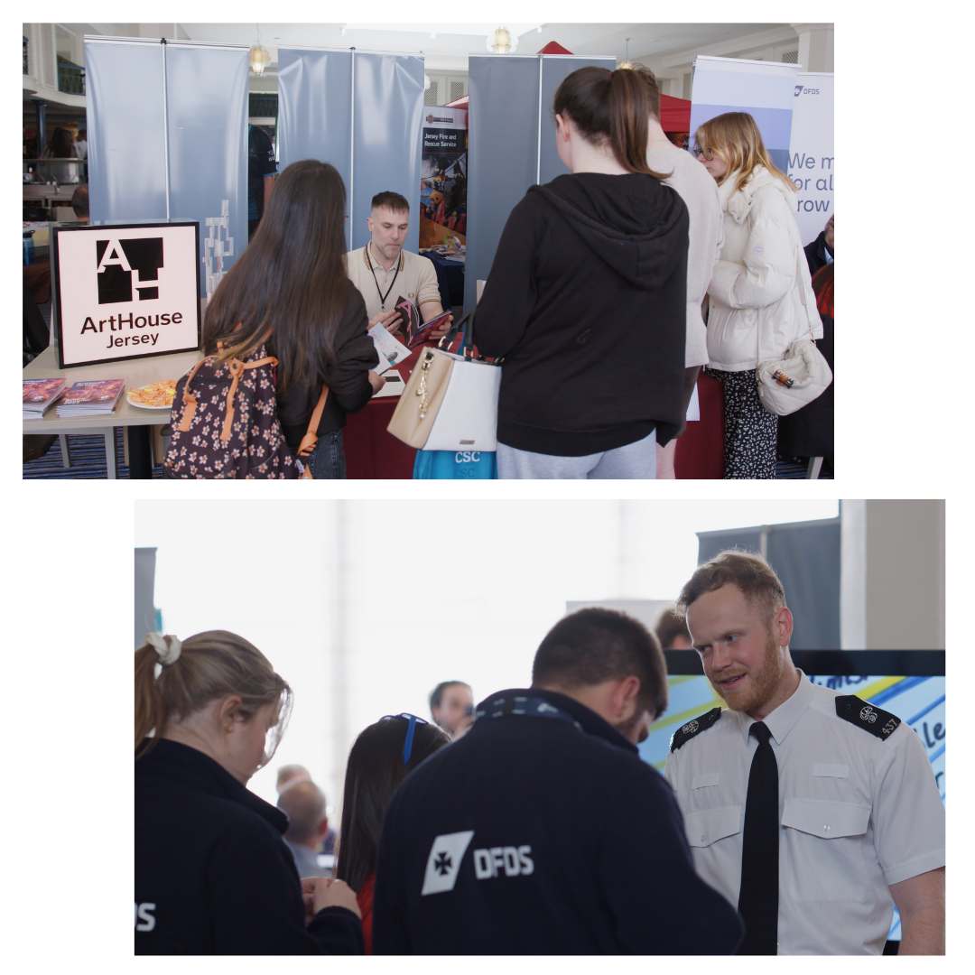 Two images of College carers fairs. 

First image is of a group of students speaking to a representative of Arthouse Jersey and engaging about potential career directions. 

The seccond image below it is of prospective employers at the fair talking to each other, this image shows representative from the States of Jersey Police stand chatting to a  blonde lady and a man from DFDS.