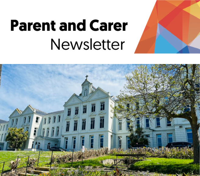 Header for the Parent and Carer Newsletter featuring a colourful geometric design and a photo of the exterior of Highlands College with its white building, large windows, and surrounding trees under a blue sky.