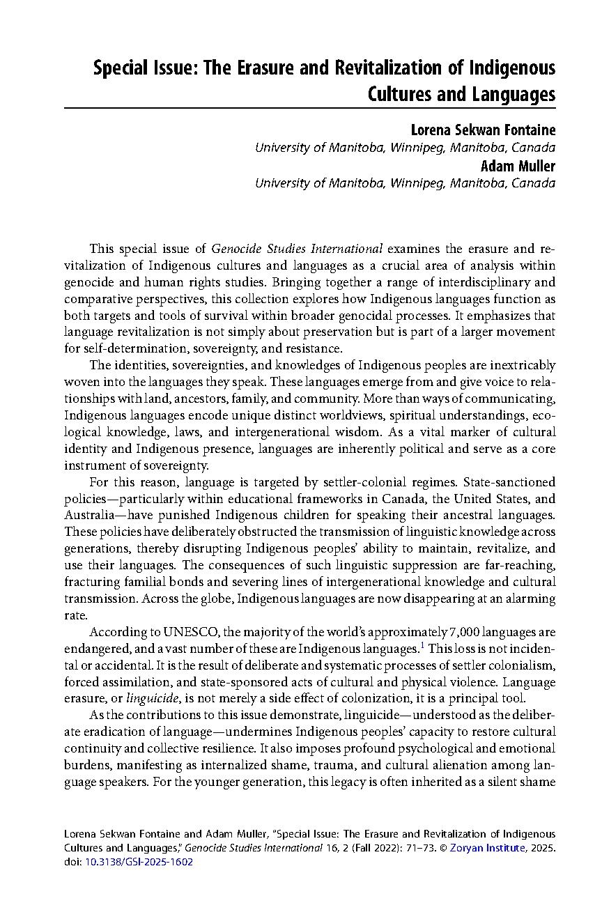 Lorena Sekwan Fontaine and Adam Muller eds., "The Erasure and Revitalization of Indigenous Cultures and Languages" A Special Issue of Genocide Studies International" (Vol 16, No 2)
