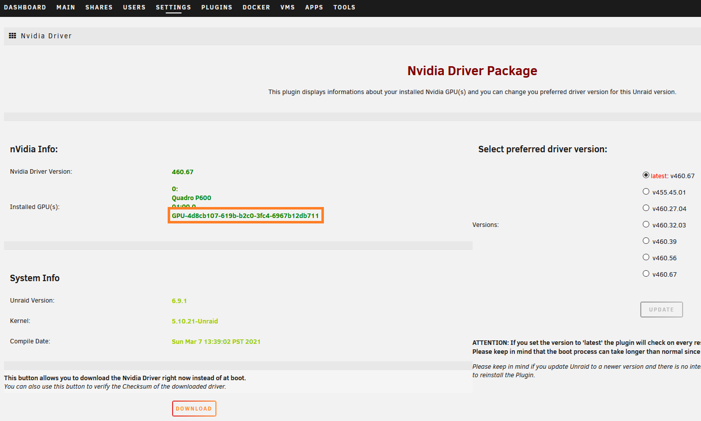 Nvidia Driver Plugin Page