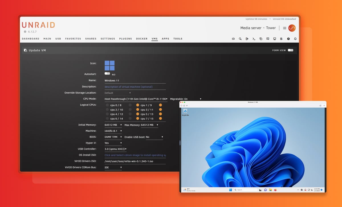Unraid virtual machine management dashboard