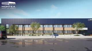 Vue d'artiste du site logistique Montea à Avignon, France, montrant la longue façade de deux étages avec bureaux et entrepôt