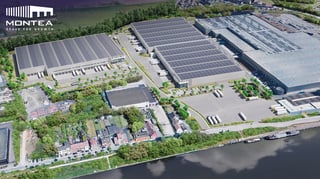 Luchtbeeld als artist impression van Montea's logistieke complex in Grimbergen, België, met zonnepanelen aan een kanaal
