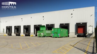 Laadkades van een Montea-logistiekmagazijn met groene afvalcontainers in Machelen, België