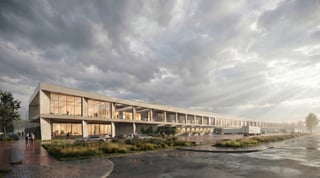 Rendering of a warehouse with glazed office space, landscaping, loading docks, trucks and dramatic cloudy skies.