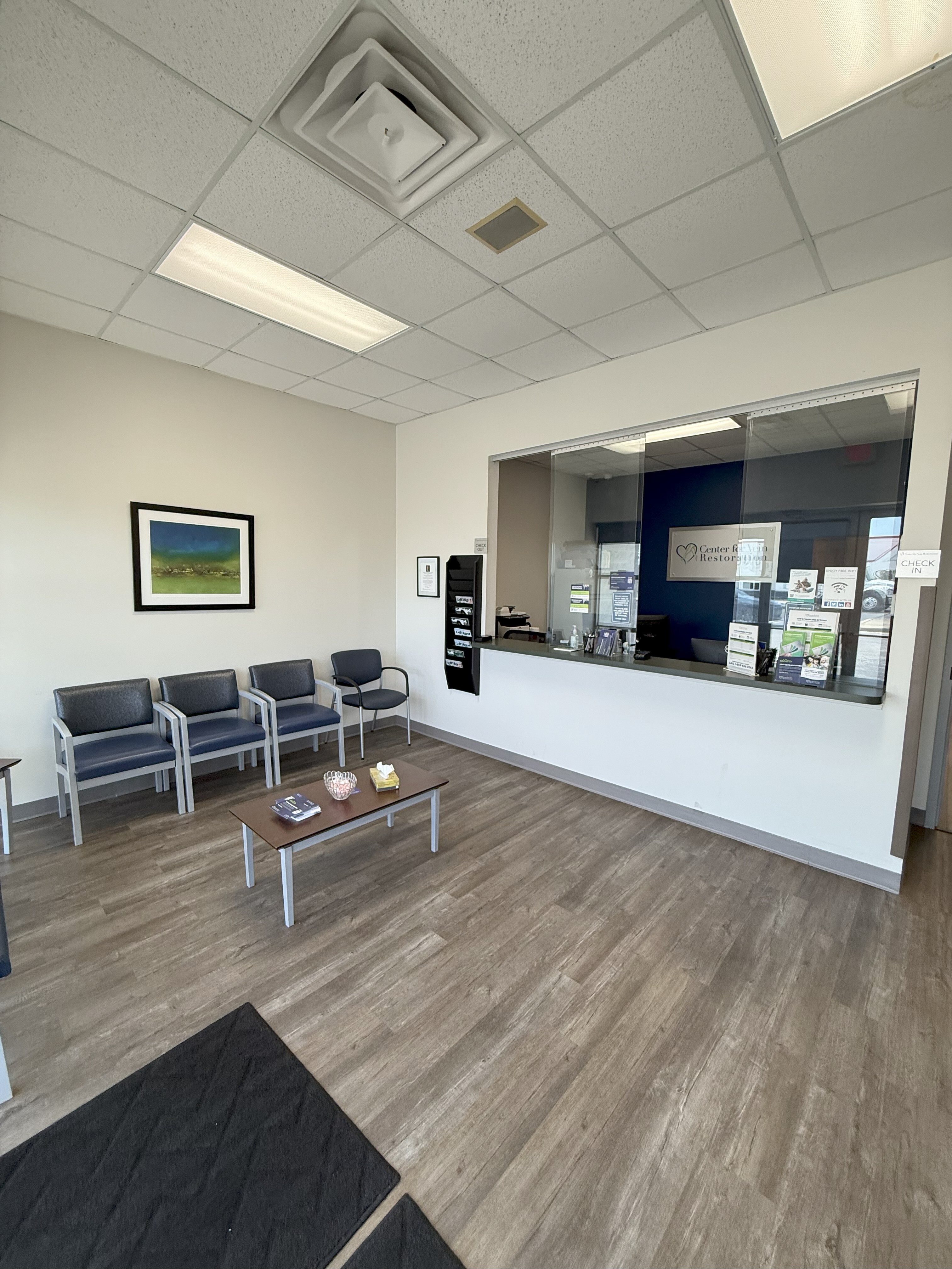 Interior photo at the Evansville, IN location for Center for Vein Restoration showing the waiting room
