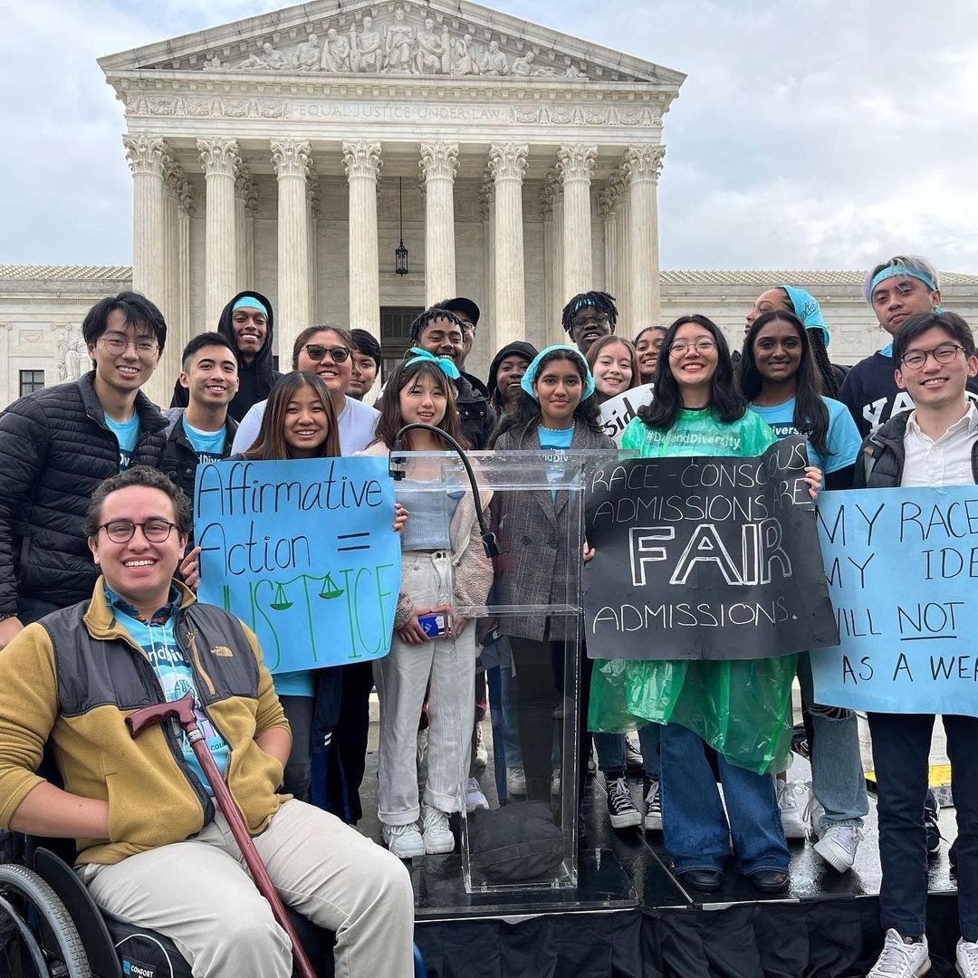 Students from across the country hold a press conference advocating for race-conscious admissions outside the Supreme Court in 2022