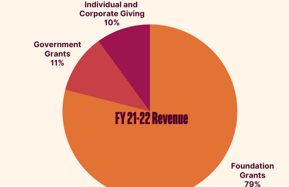 Asian Law Caucus' FY21-22 revenue breakdown by foundation grants, government grants, and individual and corporate giving.